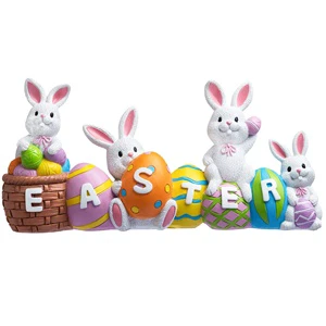 Spring Easter Eco-friendly Resin Bunny and Egg Figurine Hand-painted Colorful Cute Rabbits Decoration Wholesale