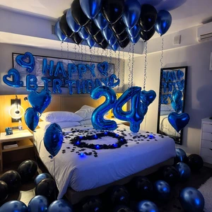 Black Blue Birthday Balloon Kit HAPPY BIRTHDAY 24 Heart Foil Balloons Adult Party Room Decor Globos