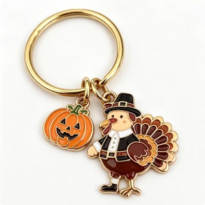 Thanksgiving Zinc Alloy Keychain With Turkey And Pumpkin Charms Cartoon Style Souvenir Gift