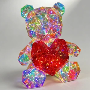 Iridescent LED Glow Love Heart Bear Figurine Ornament Lighted Indoor Valentine's Day Wedding USB Powered Handmade PET Material