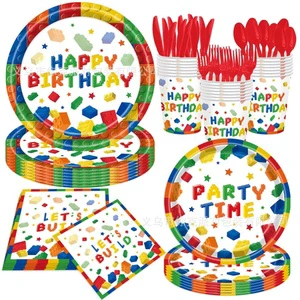Wholesale Colorful Building Blocks Theme Party Supplies Set Kids Birthday Celebration