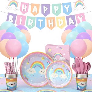 Rainbow Birthday Themed Set for Children Disposable Party Paper Plates Set Party Supplies Decorations for Kids