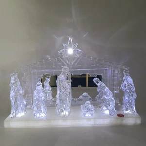 Wholesale Acrylic Led Religious Nativity Holy Family 9 Piece Nativity Set Christmas Figurines with Acrylic Stable