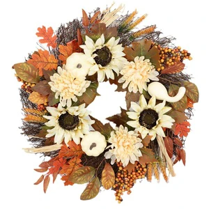 Thanksgiving Harvest Festival Decorative Wreaths with White Pumpkin Sunflowers Maple Leaf for Door Hanging