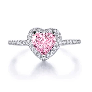 Real 925 Sterling Silver Ring Pink Love Heart Cubic Zircon Ring For Women Brides Engagement Party CZ Jewelry With Rhodium Plated