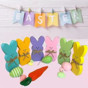 Easter Wooden Bunny Animal-Themed Maternity Solid Wood Ornaments Set of Six Cute Desktop Decoration Made in China