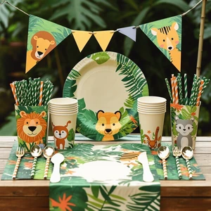 Cartoon Animal Forest Kids Birthday Party Combo Kits Party Supplies Disposable Tableware Set Paper Plates Party Decorations