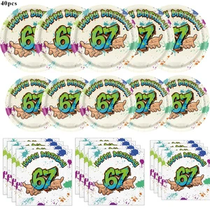 67th Birthday Graffiti Party Supplies Set Happy 67 Birthday Paper Plates and Napkins for Men Women 67 Years Old Birthday Decor