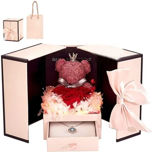 Valentines Day Gift 2023 Preserved Red Rose Bear Jewelry Gift Box for Mom Birthday Girlfriend