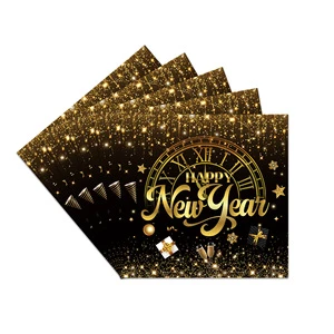 2025 New Black Gold Happy New Year Theme Party Tableware New Year's Eve Carnival Paper Plate Decoration Set