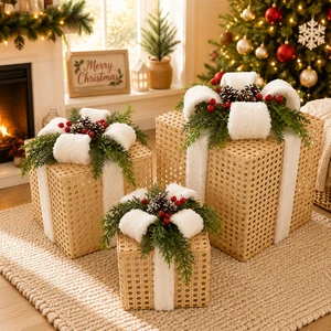 Christmas Decoration Products High Quality New Wood Tone Plastic Rattan Gift Box 3 Piece Per Set for Home Xmas Supplier