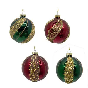 Hand-Blown Glass Christmas Baubles, Swirl Gold Glitter Inlaid Strip Design Ornaments for Xmas Tree Holiday Home Decor