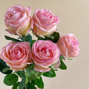 Real-Touch Silk Rose Single Stem Large Bloom Pink Gradient Artificial Flower Wedding Chinese New Year Bouquet Home Decor Modern
