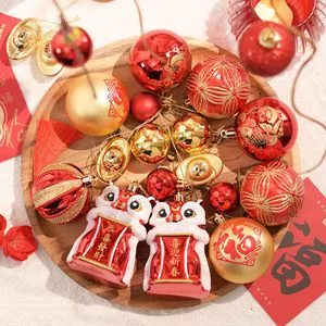 50ct Shatterproof Lunar New Year Hanging Ornaments with Red Envelope God Wealth Lantern Chinese Knot Gold Ingot for Home Decor