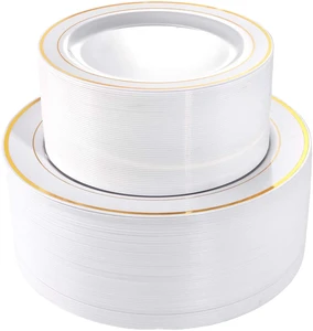 White Gold Rim Disposable Plastic Plates Bulk Party Dinnerware Empty Plastic Dinner Plates For Wedding Banquet Birthday