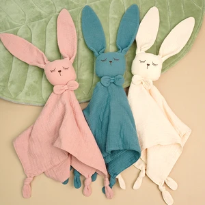 100% Organic Cotton Muslin Teething Cloths Rabbit Bunny Soothing Comforter Cute Baby Security Blanket Toy Set