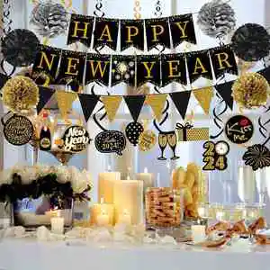 2024 New Year's Day Party Accessories 3D Paper Pull Flag Spiral Flower Ball Set Black+Gold Hot Selling Factory Price Venue