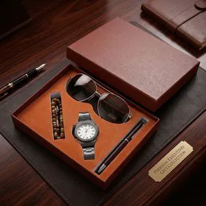 Luxury Men's Gift Set with Metal Watch Aviator Sunglasses Pen and Beaded Bracelet Premium Executive Business Gift Box for Father