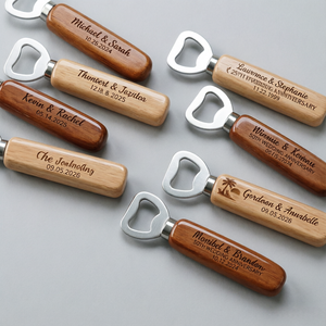 100% Natural Bamboo Coaster Personalized Wooden Handle Bottle Opener Wedding Favors For Guests Custom Engraved Gift