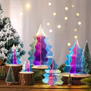 Colorful Acrylic 3D Holographic Modern Christmas Tree Ornaments Frozen Party Festival Window Sill Figurine Toys 5 SETS HQ
