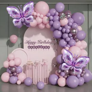 Pastel Pink Purple Butterfly Flower Fairy Theme Balloon Chain Set-Party Decorations for Girls Wedding Birthday