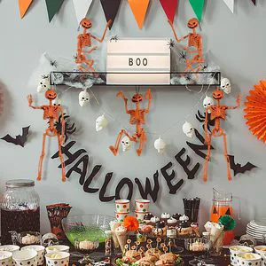 Halloween Haunted House Party Decor 15.5inch Plastic Full Body Movable Joint Skeleton Pumpkin Head Skeleton Hanging Ornaments