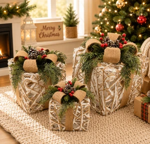 Christmas Decoration Products High Quality New Metal Fluffy Strip Gift Box 3 Piece Per Set for Home Xmas Supplier
