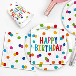 Happy Birthday Party Supplies Set with Birthday Dots Includes Paper Plates Napkins Cups Tablecloth Banner Serves 25