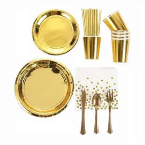 Gold Disposable Paper Plates Cups Straw Napkins Cakestand Tableware Sets for Adult Kids Birthday Party Supplies Gold Theme Decor