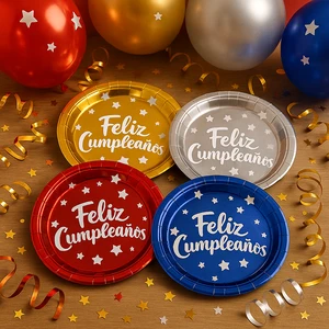 Wholesale Spanish Happy Birthday 7inch Party Paper Plates in Red Blue Gold Silver Disposable Tableware Set for Kids & Adults
