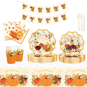 DAMAI Thanksgiving Turkey Maple Leaf Theme Tableware Set Paper Plate Cups Napkins Thanksgiving Table Decor Party Decorations
