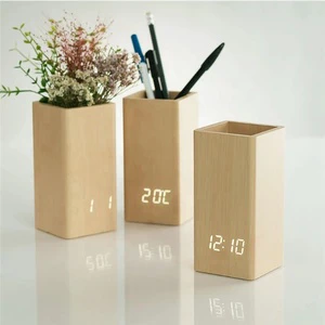 Wooden Alarm Clock Digital Temperature Pen Holder Table Clock For Gift Promotion With Cheapest Price Led Desk Clock Logo Custom