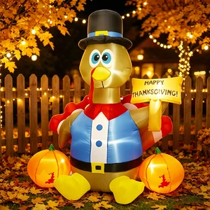Factory Wholesale Thanksgiving Turkey Driving Pumpkin Cartoon Inflatable Toy, Outdoor Yard LED Light Decorative Ornament