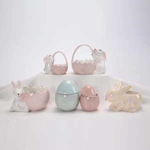 Fine Porcelain Bunny with Easter Basket Figurine Spring Easter Party Supplies and Gifts Decorations