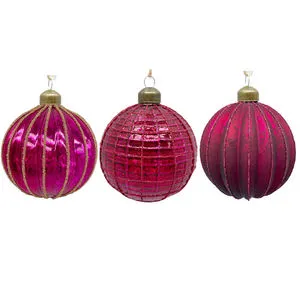 Purple Gilded Grid & Vertical Strip Glass Christmas Ball Ornaments, Holiday Hanging Decorations for Christmas Tree
