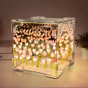 LED Handmade Tulip Lamp DIY Square Box Infinity Mirror 20Flowers Table Lamp Indoor Bedside Night Light Creative Christmas Gift