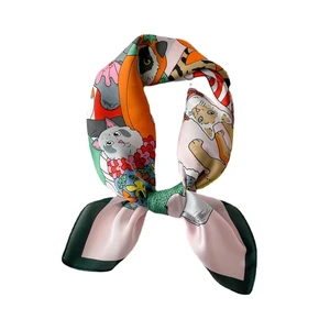 Cute 70*70cm Silk Square Cat Cartoon Turban Headband and Bag Decoration New Style Novelty Gifts for Mother's Day Spring Summer