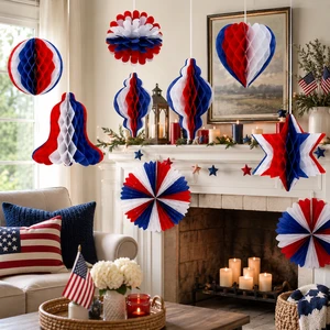 Popular Red White Blue Patriotic Paper Fan Decorations Set for 4th of July Independence Day Party