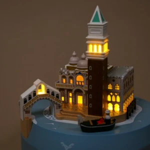 Venice City LED Light Music Box Italy Design Handcrafted Wooden Yellow USB Powered Home Decoration Featuring