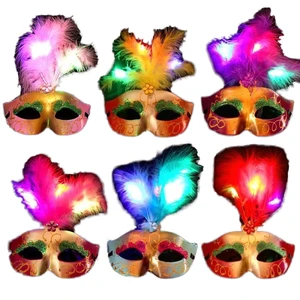 LED Light PVC Feather Glowing Venetian Masquerade for Halloween Carnival Mardi Gras Birthday Party Cosplay Batteries Included