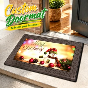 Custom Christmas Snowman Doormat with Embossed Rubber Border, UV Fade Resistant Washable Winter Holiday Decorative Entry Mat