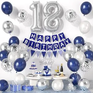 29 Pcs/set White Navy Blue Silver Round Confetti Latex Balloons Arch Kit with Banners for 18th Birthday Party Decorations