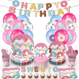 Children's Birthday Party Decorative Tableware Set Disposable Paper Tray Cup Featuring Donut Theme Party Decoration Supplies