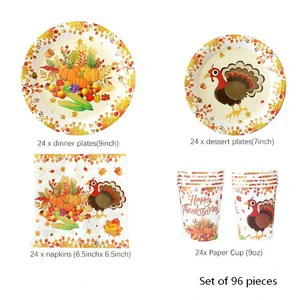 96 Pcs/Set Thanksgiving Day Napkins Paper Cup Plate Set for Happy Thanksgiving Day Party Table Decor