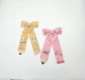 Pink Yellow Back To School Bows Long Tail Pencil Shaker Hair Bow For Girls Teachers Day Gift