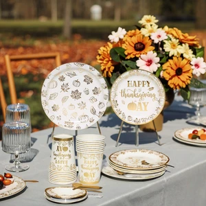 Thanksgiving and Birthday Party Tableware Set Hot Stamping Paper Tray with Pumpkin Cup & Tissue for Baby Shower