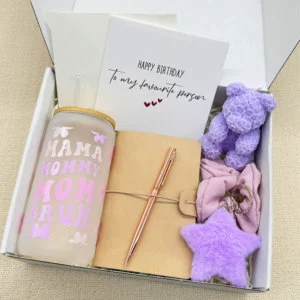 Personalized Happy Birthday Mother's Day Gift Set Bulk Purple Rose Bear Candle Notebook 16oz Tumbler Gift Box for Sister Women