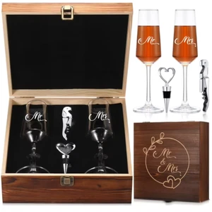 Wedding Gift for Newlyweds Champagne Flute Set Bridal Shower Champagne Glasses Wine Opener Wine Stopper with Engraved Wooden Box