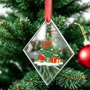 HBL UV Printed Transparent Santa Xmas Tree Gift Pattern Crystal Hanging Ornament For Holiday Home Decor