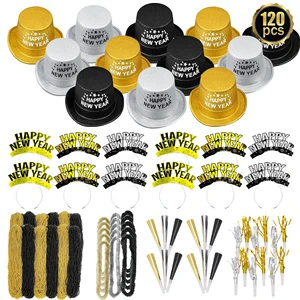 120pcs 2026 Happy New Year Party Decoration Supplies Hats Headbands Tiaras Metallic Fringed Noise Makers Horn